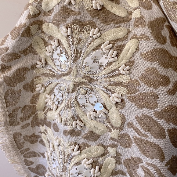 Loft by Ann Taylor gold metallic tread embroidered flower sequins shawl, scarf - Picture 5 of 17